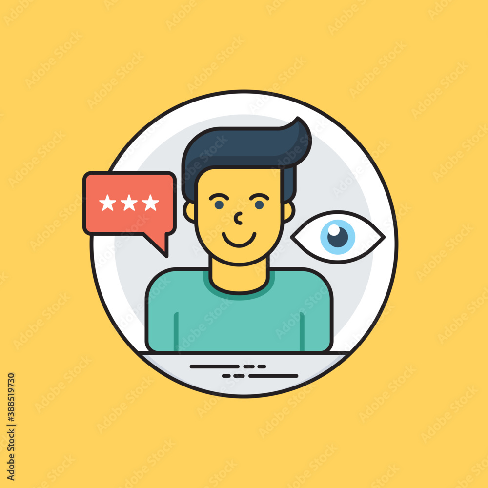 
A person with eye and message bubble with stars , customer reviews  
