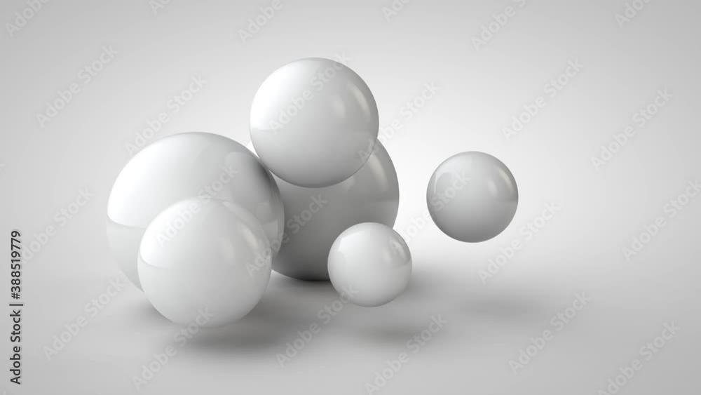 Abstract 3D animation of a gradient gray-white background and a group of white spheres of different sizes disappearing and appearing, changing size and jumping. Abstract 3D animation of a gradient gray-white background and a group of white spheres of different sizes disappearing and appearing, changing size and jumping.