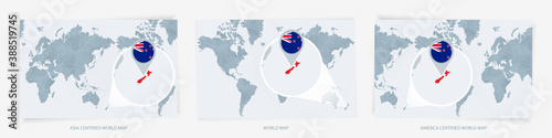 Three versions of the World Map with the enlarged map of New Zealand with flag.