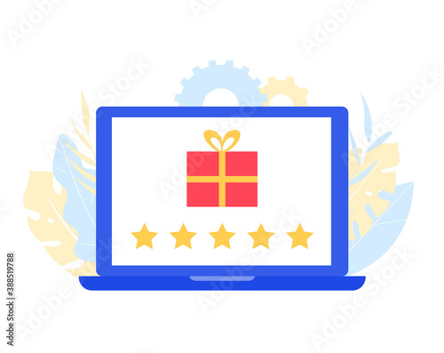 Laptop with gift box and rating stars symbols. Online reward concept. 