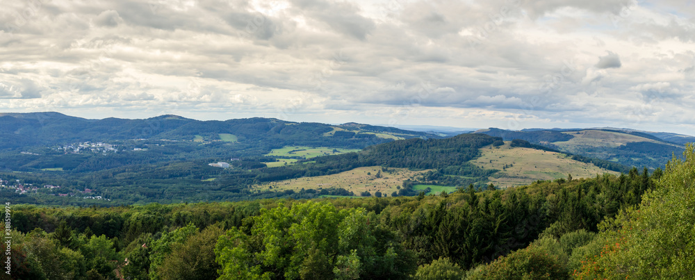 Pano of the mountains around Kreuzberg Monastery in Germany on a summer day. 