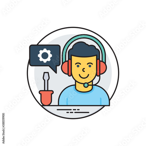 
Technical tools with human avatar having headphones giving technical support 
