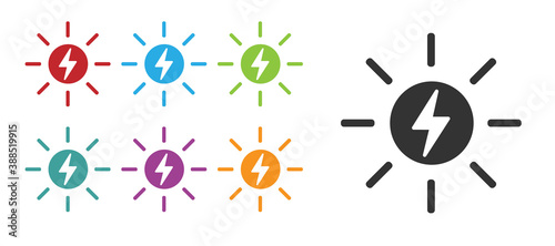 Black Solar energy panel icon isolated on white background. Sun with lightning symbol. Set icons colorful. Vector.