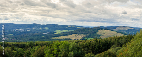 Pano of the mountains around Kreuzberg Monastery in Germany on a summer day. 