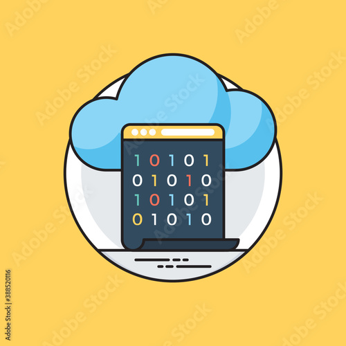 
Binary digit codes in a screen with the mage of cloud behind, clear depiction of cloud coding  
