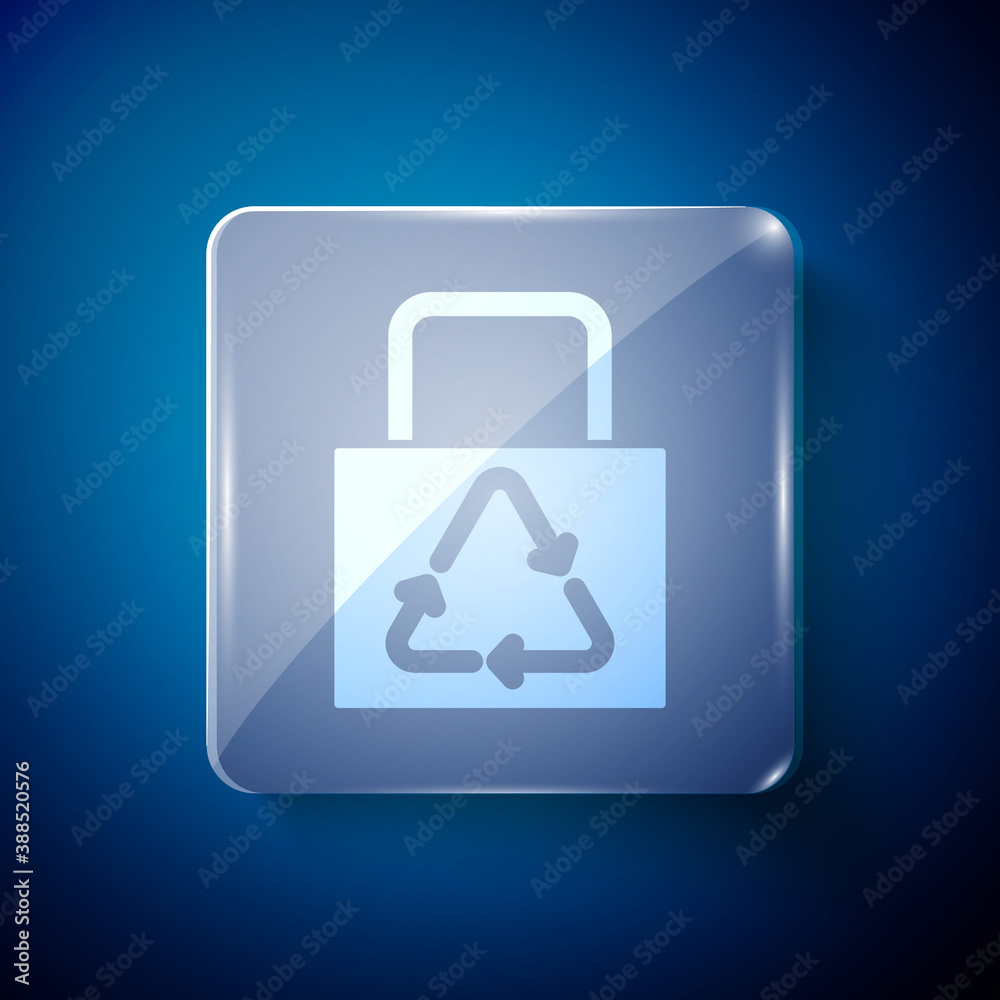 White Paper shopping bag with recycle icon isolated on blue background. Bag with recycling symbol. Square glass panels. Vector. White Paper shopping bag with recycle icon isolated on blue background. Bag with recycling symbol. Square glass panels. Vector.