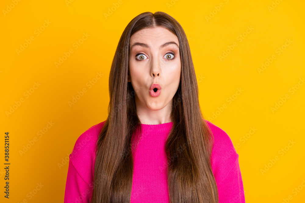 Photo of charming girl amazed open mouth look camera wear pink sweater isolated yellow color background Photo of charming girl amazed open mouth look camera wear pink sweater isolated yellow color background