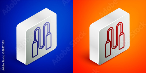 Isometric line Jump rope icon isolated on blue and orange background. Skipping rope. Sport equipment. Silver square button. Vector Illustration.