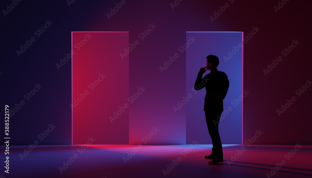 Silhouette of man in suit in front of right doorway with blue light thinking about left doorway with red light Silhouette of man in suit in front of right doorway with blue light thinking about left doorway with red light