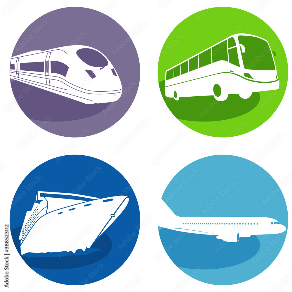 Reisen mit Bus, Schnellzug, Kreuzfahrtschiff und Flugzeug, Touristik Transport