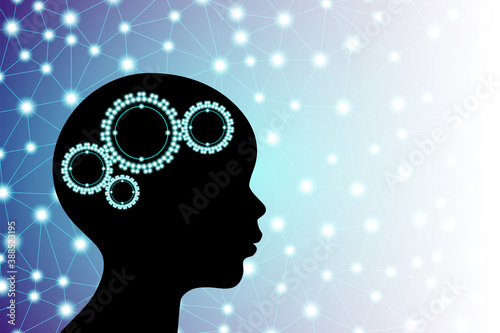 3d, ai, artificial, babe, baby, background, blue, brain, change, child, cogs, communication, connection, connections, creative, cyber, digital, dots, education, futuristic, gears, head, health, idea, 