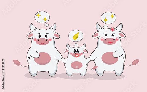 bull and cow holding a small calf, happy family dad mom and child, baby dreams of a bottle of milk © schukoba