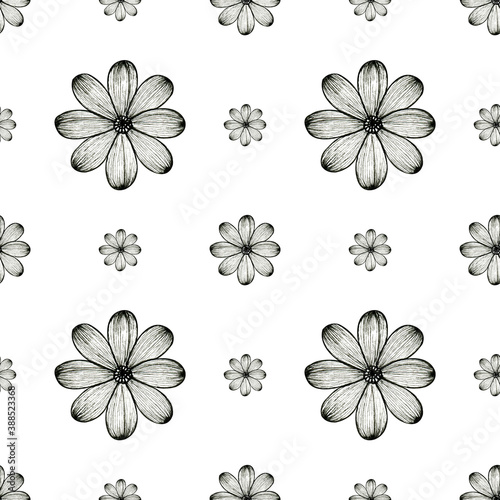 Seamless simple floral pattern of graphic stylize flowers.Cute hand drawn line illustration,monochrome doodle design on white background.For fabrics,textiles,prints,wallpapers, wrapping papers,posters photo