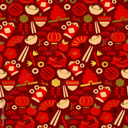 Chinese culture icon red gold seamless pattern