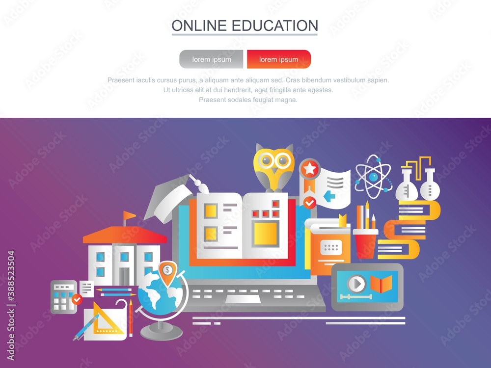 Online education. Banner for the site. Modern flat conceptual web banner. Landing page template. Conceptual vector illustration for graphic design and web design. Concept. Education.