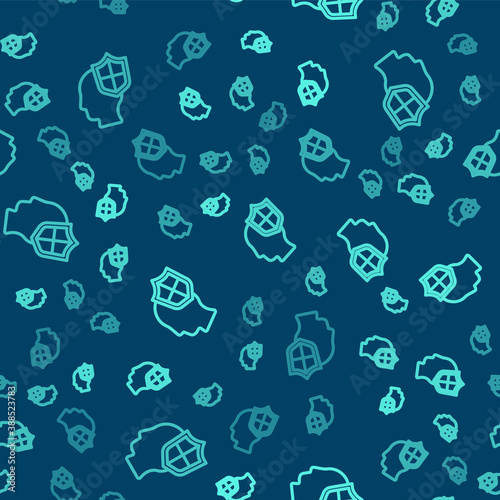 Green line Human head with shield icon isolated seamless pattern on blue background. Vector.