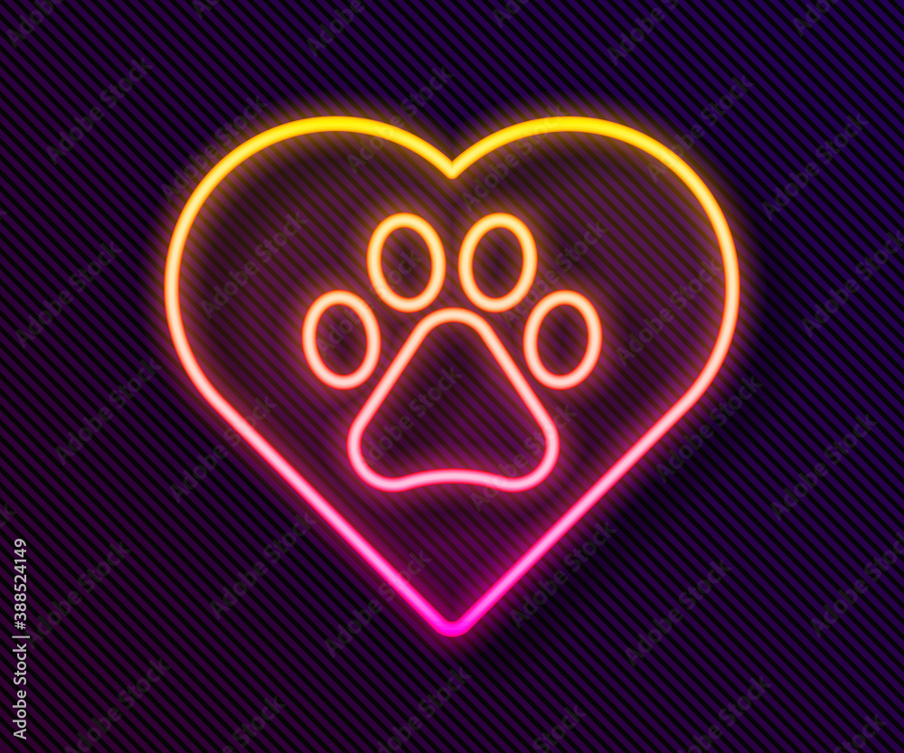 Glowing neon line Heart with animals footprint icon isolated on black background. Pet paw in heart. Love to the animals. Vector.