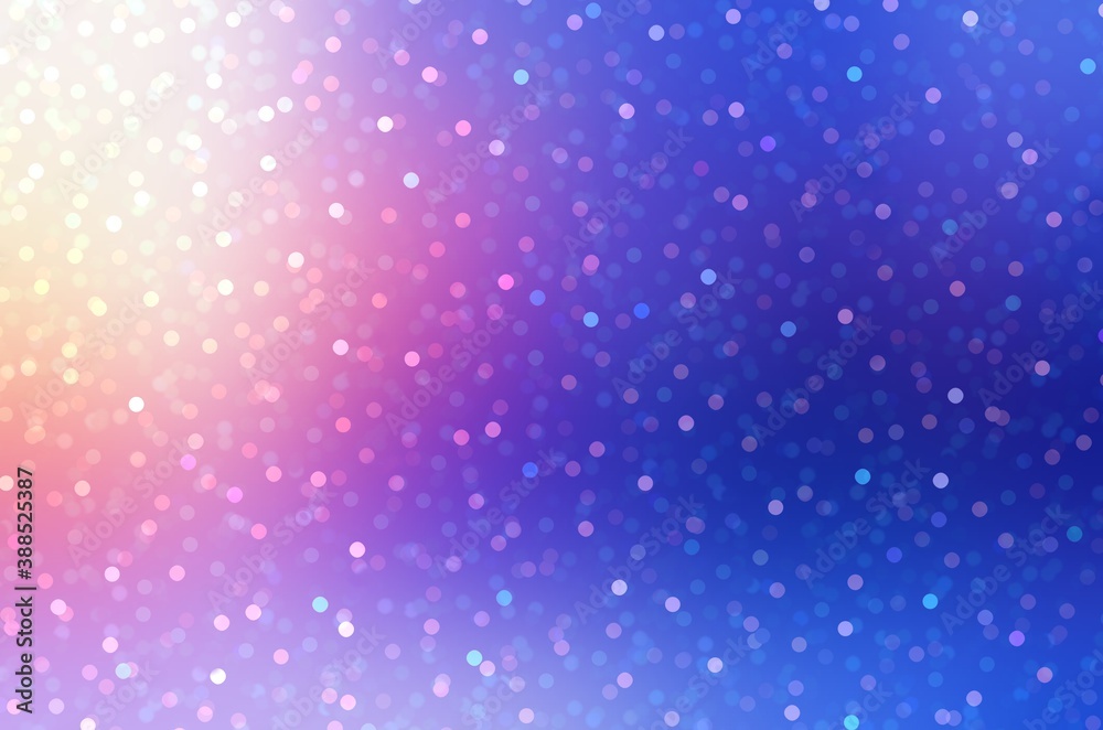 Fototapeta premium Pink sunshine on blue winter sky decorated sparkles. Holidays shimmer outdoor illustration.