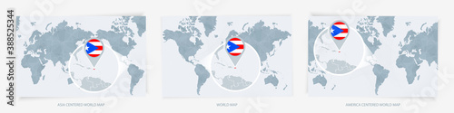 Three versions of the World Map with the enlarged map of Puerto Rico with flag.