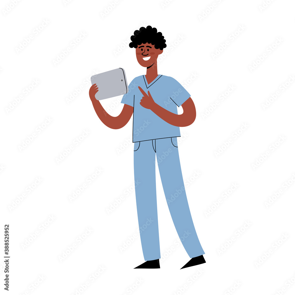 Vector flat set of standing african nurse with laptop