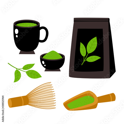 Bright vector collection of matcha tea isolated on white.