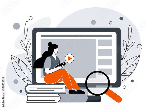 Distance learning or business training. Webinar or video seminar training. vector illustration in flat style.