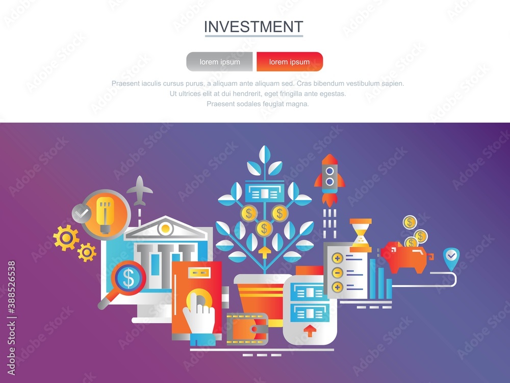 Investments. Banner for the site. Modern flat conceptual web banner. Landing page template. Conceptual vector illustration for graphic design and web design. Concept. Financial investments.