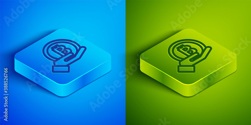Isometric line Hand holding Bitcoin icon isolated on blue and green background. Blockchain technology, digital money market, cryptocoin wallet. Square button. Vector.
