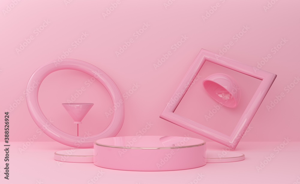 podium empty with geometric shapes in pink pastel composition for modern stage display and minimalist mockup ,abstract showcase background ,Concept 3d illustration or 3d render