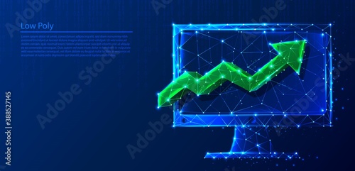 Polygonal computer with green arrow looking up on dark blue tech background, triangles and particle style design. 