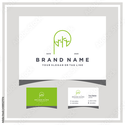 letter p tree trunk logo design with business card vector