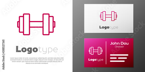 Logotype line Dumbbell icon isolated on white background. Muscle lifting icon, fitness barbell, gym, sports equipment, exercise bumbbell. Logo design template element. Vector.