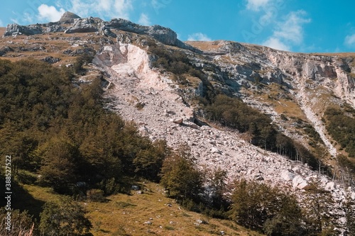 The landslide of a mountain peak in the Sibillini National Park (Marche, Italy, Europe)