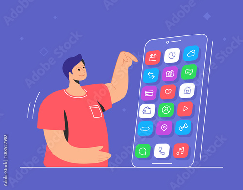 Young smiling man pointing to his big smartphone to choose chat app, social media networks, banking and other smart mobile apps. Flat vector illustration of user experience and mobile apps usage