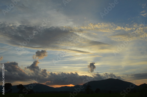 Mountain View, Sunset, cloud, sky, rice fields, sunlight, afternoon, red sky