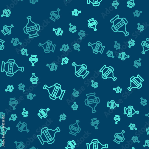 Green line Ancient amphorae icon isolated seamless pattern on blue background. Vector.