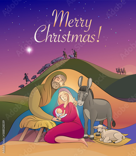 Christmas. Holy family holding baby Jesus Holy night. Vector stock illustration. Christmas story. greeting card.