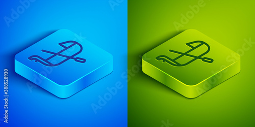 Isometric line Gondola boat italy venice icon isolated on blue and green background. Tourism rowing transport romantic. Square button. Vector.