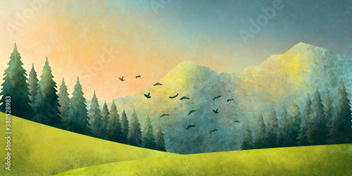 Watercolor grunge illustration of a summer landscape of forest and mountains at sunset, as well as birds in flight