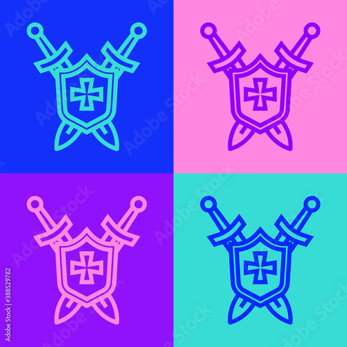 Pop art line Medieval shield with crossed swords icon isolated on color background. Vector.