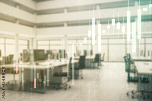 Multi exposure of abstract virtual financial graph hologram on a modern furnished office background, forex and investment concept