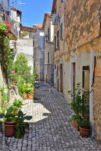A small road crosses the old buildings of Prossedi  a medieval village in the Lazio region  Italy.