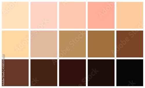 Human skin tones color palette set. Skin color from the lightest to darkest brown hues, coloring of a person face and body complexion. Vector illustration