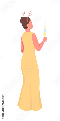 Woman on Christmas party flat color vector faceless character. Luxury celebration. Girl with sparkling drink. Winter holiday event isolated cartoon illustration for web graphic design and animation
