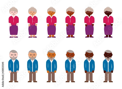 Grandmothers and grandfathers with different skin color. Old people or pensioners, Grandparents race diversity. Multinational vector illustration