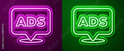 Glowing neon line Advertising icon isolated on purple and green background. Concept of marketing and promotion process. Responsive ads. Social media advertising. Vector.