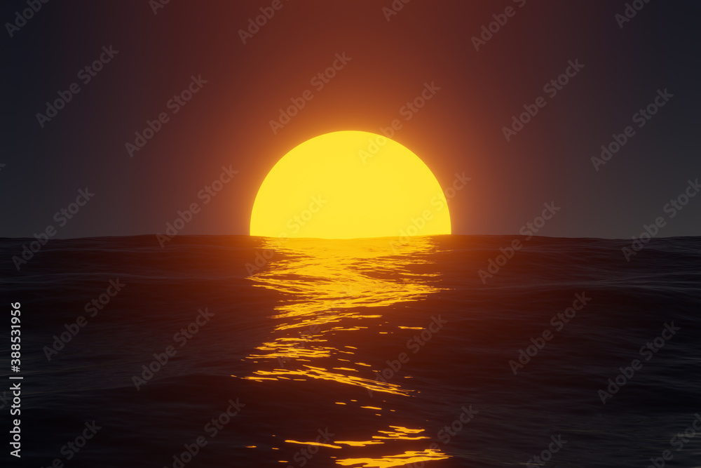 Reflection of the sun at sunrise / sunset on the ocean waves. 3d illustration.