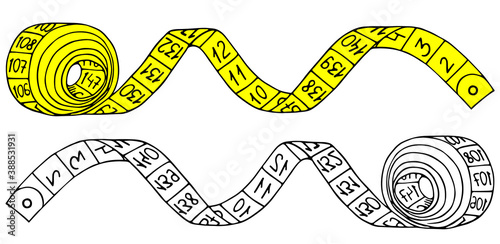 Yellow and black and white sewing centimeter tapes. Hand drawn object isolated on white background. Vector sewing elements in trendy style.