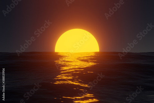Fototapeta Naklejka Na Ścianę i Meble -  Reflection of the sun at sunrise / sunset on the ocean waves. 3d illustration.