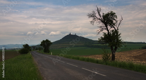 Distant view of Hazmburk castle. A dominant landmark of the Central Bohemian Uplands, Czech Republic.